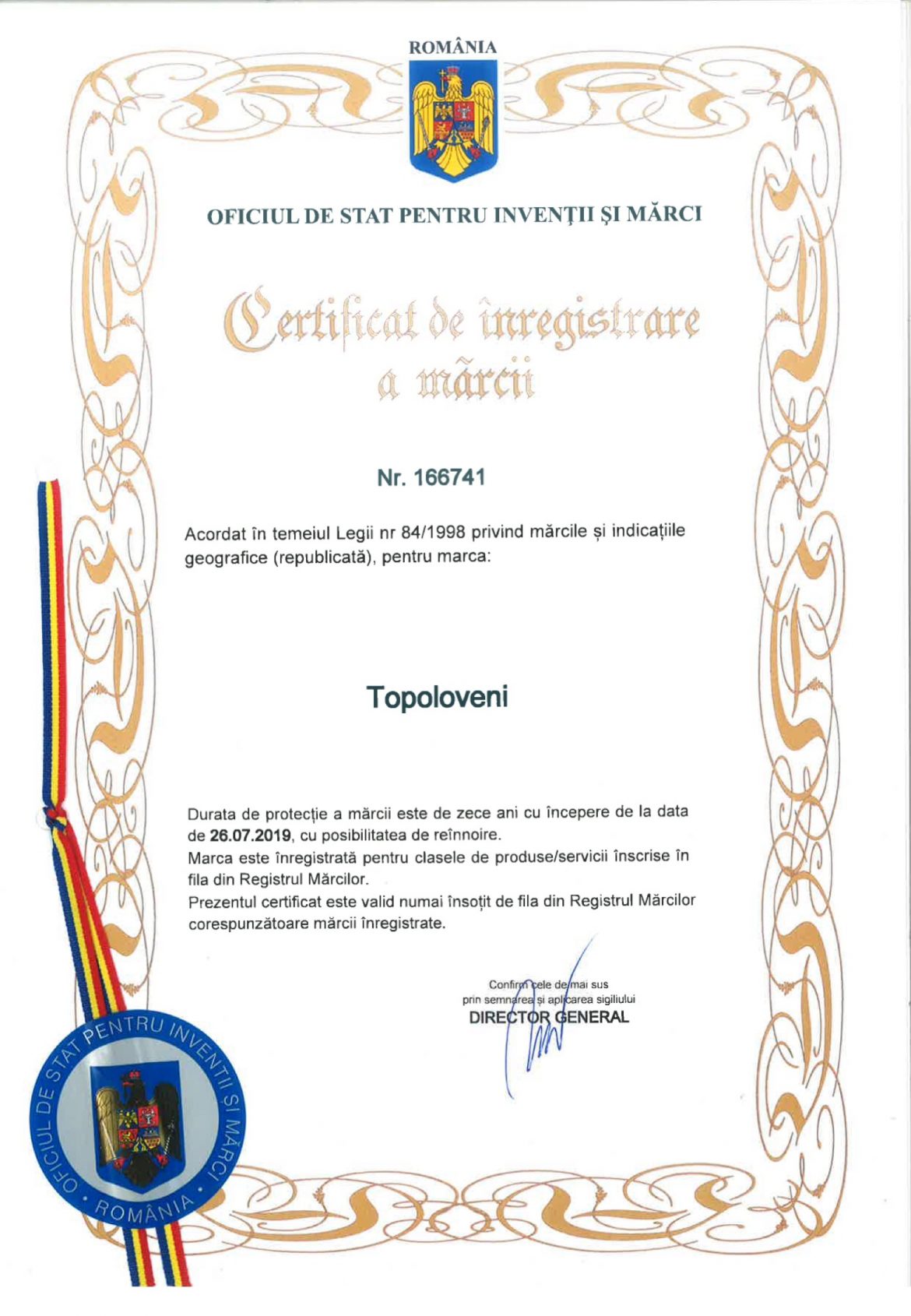 Certificat de inregistrare a marcii - Topoloveni